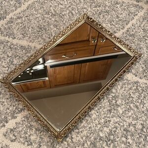 vintage vanity easel mirror & perfume tray, gold lace metal filigree frame